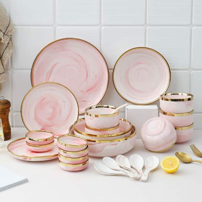 YS Keramik – Piring Makan Keramik Pink Marble Gold / Piring Emerald Keramik Lis Gold Mangkuk Keramik Pink Marble Gold Elegan