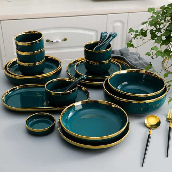 YS Keramik – Piring Makan Keramik Hijau Gold / Piring Emerald Keramik Lis Gold Mangkuk Keramik Hijau Gold Elegan